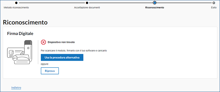 L'immagine rappresenta l'errore di dispositivo non trovato e il tasto usa la procedura alternativa.