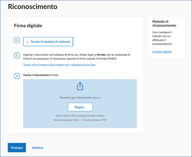 L'immagine rappresenta gli step per procedere con il riconoscimento con firma digitale: dowload modulo richiesta, import del documento nel software di firma, upload del documento.