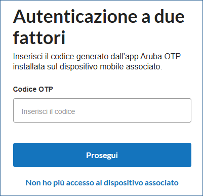 Schermata dell' Autenticazione a due fattori con il campo per la richiesta del codice OTP