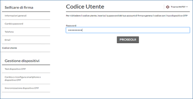 l'immagine mostra la schermata della sezione codice utente del selfcare di firma per richiedere il codice utente