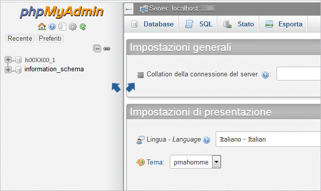 menù di scelte per accedere ai servizi offerti da phpMyAdmin