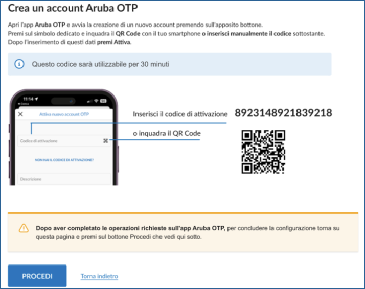 l'immagine rappresenta la schermata per l'associazione dell'a firma all'OTP nella quale viene mostrato il codice di attivazione o il QR code