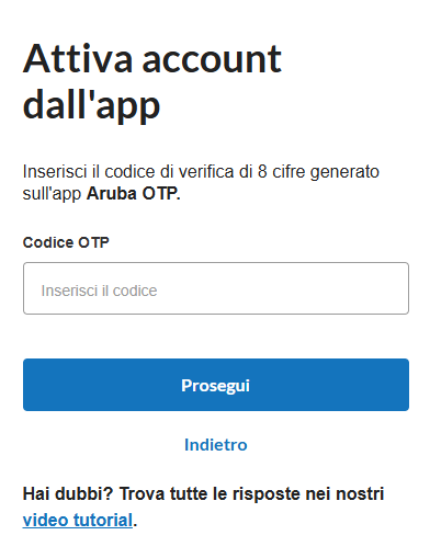 immagine della schermata per l'inserimento del codice OTP