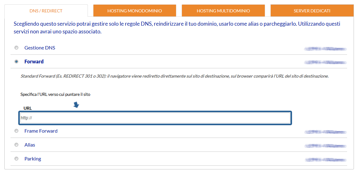 specificare l'URL verso cui puntare il sito