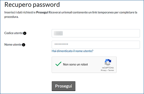L'immagine rappresenta la schermata di inserimento codice utente e nome utente per la richiesta password